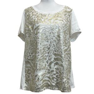 Bob Mackie White & Gold Sequin Mesh Panel Short Sleeve Wearable Art T-Shirt